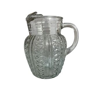 VINTAGE Pitcher Jug MCM Elegant Clear Glass Diamond Pattern Large 9 inch Tall